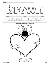 Free Valentine's Day bear color brown coloring page and color worksheet, brown worksheet for preschoolers to learn colors, printable PDF