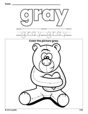 Free Valentine's Day bear color gray coloring page and color worksheet, gray worksheet for preschoolers to learn colors, printable PDF