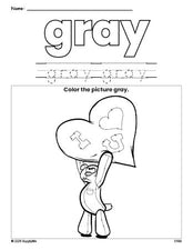 Free Valentine's Day bear color gray coloring page and color worksheet, gray worksheet for preschoolers to learn colors, printable PDF