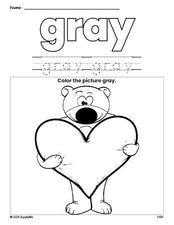 Free Valentine's Day bear color gray coloring page and color worksheet, gray worksheet for preschoolers to learn colors, printable PDF