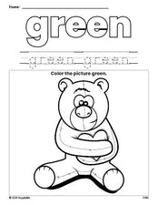 Free Valentine's Day bear color green coloring page and color worksheet, green worksheet for preschoolers to learn colors, printable PDF