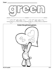 Free Valentine's Day bear color green coloring page and color worksheet, green worksheet for preschoolers to learn colors, printable PDF