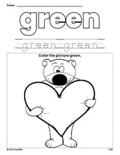 Free Valentine's Day bear color green coloring page and color worksheet, green worksheet for preschoolers to learn colors, printable PDF