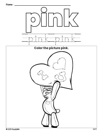 Free Valentine's Day bear color pink coloring page and color worksheet, pink worksheet for preschoolers to learn colors, printable PDF