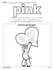 Free Valentine's Day bear color pink coloring page and color worksheet, pink worksheet for preschoolers to learn colors, printable PDF