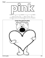 Free Valentine's Day bear color pink coloring page and color worksheet, pink worksheet for preschoolers to learn colors, printable PDF