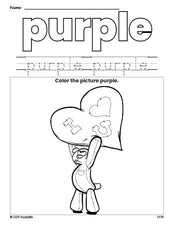 Free Valentine's Day bear color purple coloring page and color worksheet, purple worksheet for preschoolers to learn colors, printable PDF