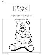 Free Valentine's Day bear color red coloring page and color worksheet, red worksheet for preschoolers to learn colors, printable PDF