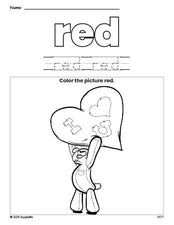 Free Valentine's Day bear color red coloring page and color worksheet, red worksheet for preschoolers to learn colors, printable PDF