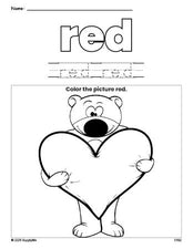 Free Valentine's Day bear color red coloring page and color worksheet, red worksheet for preschoolers to learn colors, printable PDF