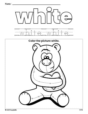 Free Valentine's Day bear color white coloring page and color worksheet, white worksheet for preschoolers to learn colors, printable PDF