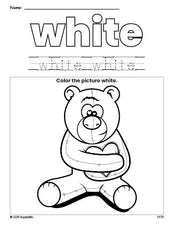 Free Valentine's Day bear color white coloring page and color worksheet, white worksheet for preschoolers to learn colors, printable PDF