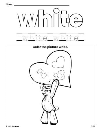 Free Valentine's Day bear color white coloring page and color worksheet, white worksheet for preschoolers to learn colors, printable PDF