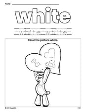 Free Valentine's Day bear color white coloring page and color worksheet, white worksheet for preschoolers to learn colors, printable PDF