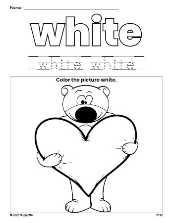 Free Valentine's Day bear color white coloring page and color worksheet, white worksheet for preschoolers to learn colors, printable PDF