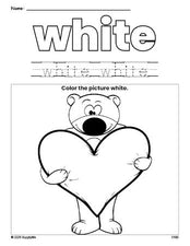 Free Valentine's Day bear color white coloring page and color worksheet, white worksheet for preschoolers to learn colors, printable PDF