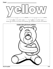 Free Valentine's Day bear color yellow coloring page and color worksheet, yellow worksheet for preschoolers to learn colors, printable PDF