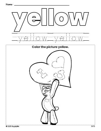 Free Valentine's Day bear color yellow coloring page and color worksheet, yellow worksheet for preschoolers to learn colors, printable PDF