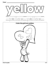 Free Valentine's Day bear color yellow coloring page and color worksheet, yellow worksheet for preschoolers to learn colors, printable PDF