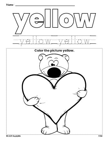 Free Valentine's Day bear color yellow coloring page and color worksheet, yellow worksheet for preschoolers to learn colors, printable PDF