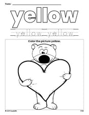 Free Valentine's Day bear color yellow coloring page and color worksheet, yellow worksheet for preschoolers to learn colors, printable PDF