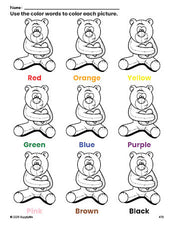 Free Valentine's Day bear coloring page and color worksheet for preschoolers to learn colors, printable PDF