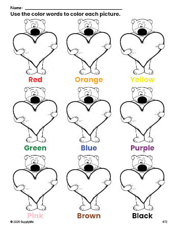 Free Valentine's Day bear coloring page and color worksheet for preschoolers to learn colors, printable PDF