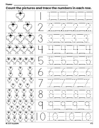 Free printable Valentine's Day bear counting worksheet for preschool and pre-k with number tracing practice 1-10, PDF