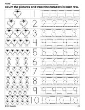 Free printable Valentine's Day bear counting worksheet for preschool and pre-k with number tracing practice 1-10, PDF