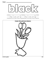 Free Valentine's Day bouquet color black coloring page and color worksheet, black worksheet for preschoolers to learn colors, printable PDF