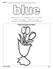 Free Valentine's Day bouquet color blue coloring page and color worksheet, blue worksheet for preschoolers to learn colors, printable PDF