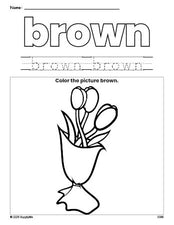 Free Valentine's Day bouquet color brown coloring page and color worksheet, brown worksheet for preschoolers to learn colors, printable PDF