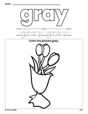 Free Valentine's Day bouquet color gray coloring page and color worksheet, gray worksheet for preschoolers to learn colors, printable PDF