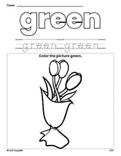 Free Valentine's Day bouquet color green coloring page and color worksheet, green worksheet for preschoolers to learn colors, printable PDF