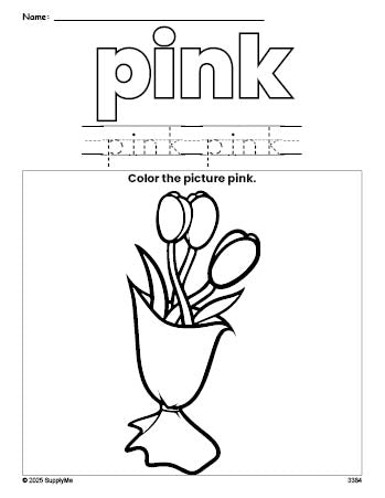 Free Valentine's Day bouquet color pink coloring page and color worksheet, pink worksheet for preschoolers to learn colors, printable PDF