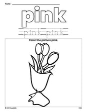 Free Valentine's Day bouquet color pink coloring page and color worksheet, pink worksheet for preschoolers to learn colors, printable PDF