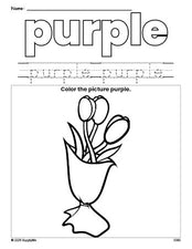 Free Valentine's Day bouquet color purple coloring page and color worksheet, purple worksheet for preschoolers to learn colors, printable PDF