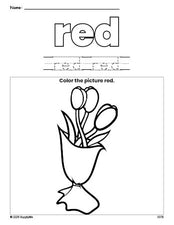 Free Valentine's Day bouquet color red coloring page and color worksheet, red worksheet for preschoolers to learn colors, printable PDF