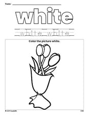 Free Valentine's Day bouquet color white coloring page and color worksheet, white worksheet for preschoolers to learn colors, printable PDF