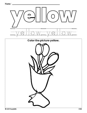 Free Valentine's Day bouquet color yellow coloring page and color worksheet, yellow worksheet for preschoolers to learn colors, printable PDF