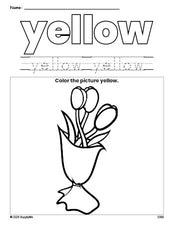 Free Valentine's Day bouquet color yellow coloring page and color worksheet, yellow worksheet for preschoolers to learn colors, printable PDF