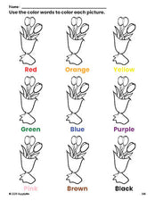 Free Valentine's Day bouquet coloring page and color worksheet for preschoolers to learn colors, printable PDF