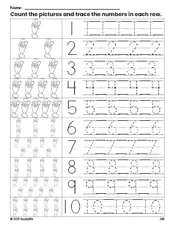 Free printable Valentine's Day bouquet counting worksheet for preschool and pre-k with number tracing practice 1-10, PDF