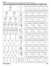 Free printable Valentine's Day bouquet counting worksheet for preschool and pre-k with number tracing practice 1-10, PDF