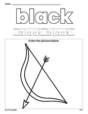 Free Valentine's Day bow and arrow color black coloring page and color worksheet, black worksheet for preschoolers to learn colors, printable PDF