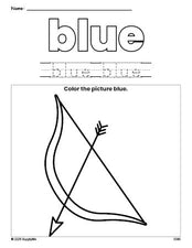 Free Valentine's Day bow and arrow color blue coloring page and color worksheet, blue worksheet for preschoolers to learn colors, printable PDF