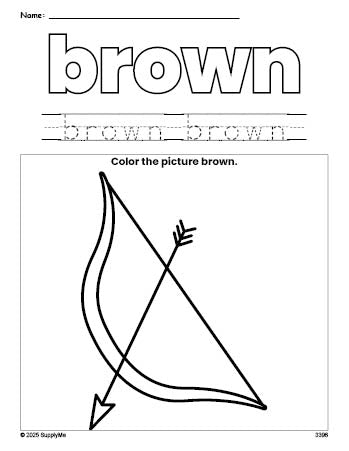 Free Valentine's Day bow and arrow color brown coloring page and color worksheet, brown worksheet for preschoolers to learn colors, printable PDF