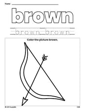 Free Valentine's Day bow and arrow color brown coloring page and color worksheet, brown worksheet for preschoolers to learn colors, printable PDF