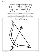 Free Valentine's Day bow and arrow color gray coloring page and color worksheet, gray worksheet for preschoolers to learn colors, printable PDF