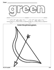 Free Valentine's Day bow and arrow color green coloring page and color worksheet, green worksheet for preschoolers to learn colors, printable PDF